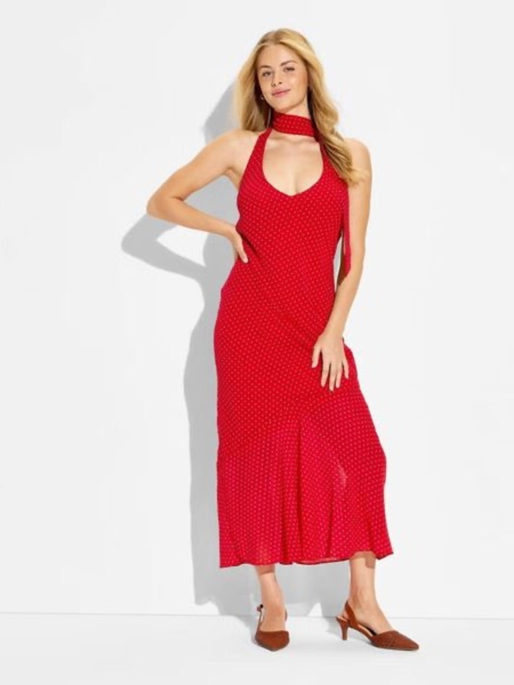 wild fable Red Polka Dot Halter Maxi Dress with Choker Neck
